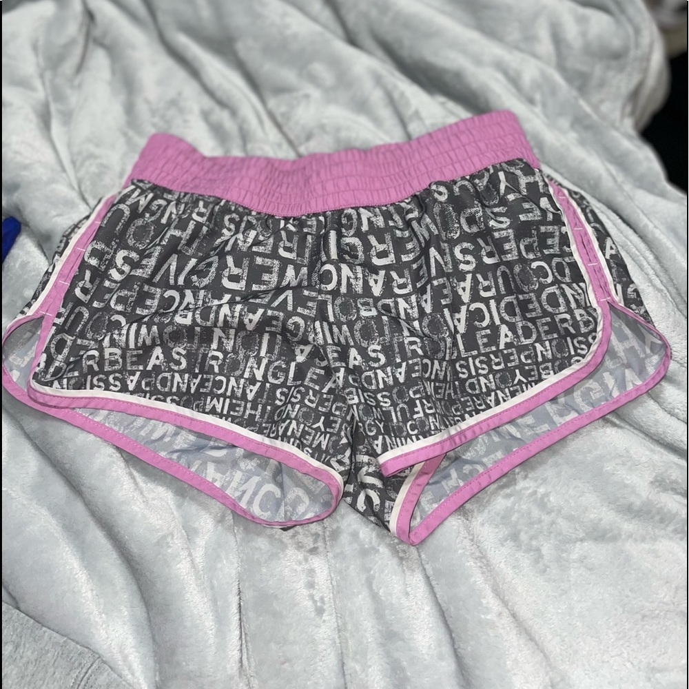 purple and grey athletic shorts